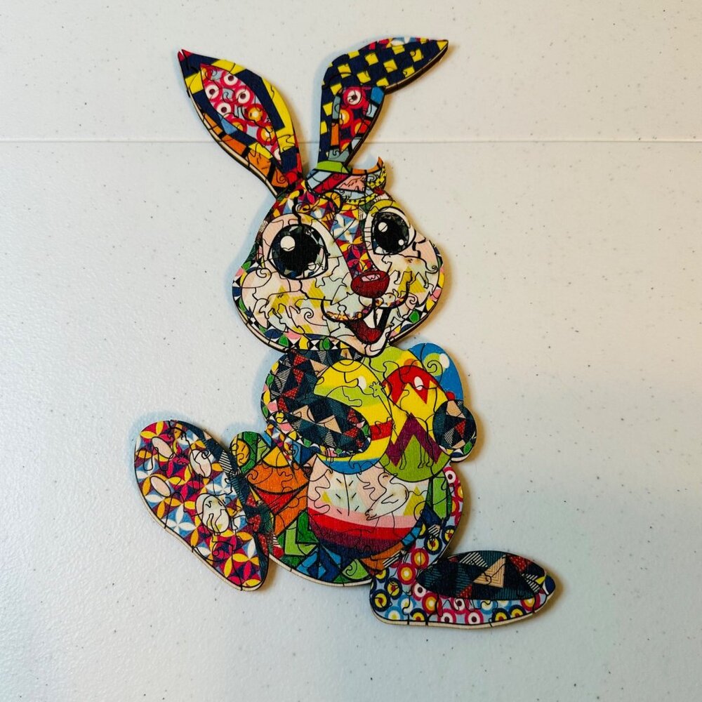 Rabbit Puzzle  Bunny Wooden puzzle Colorful Rabbit with Easter Eggs puzzle
